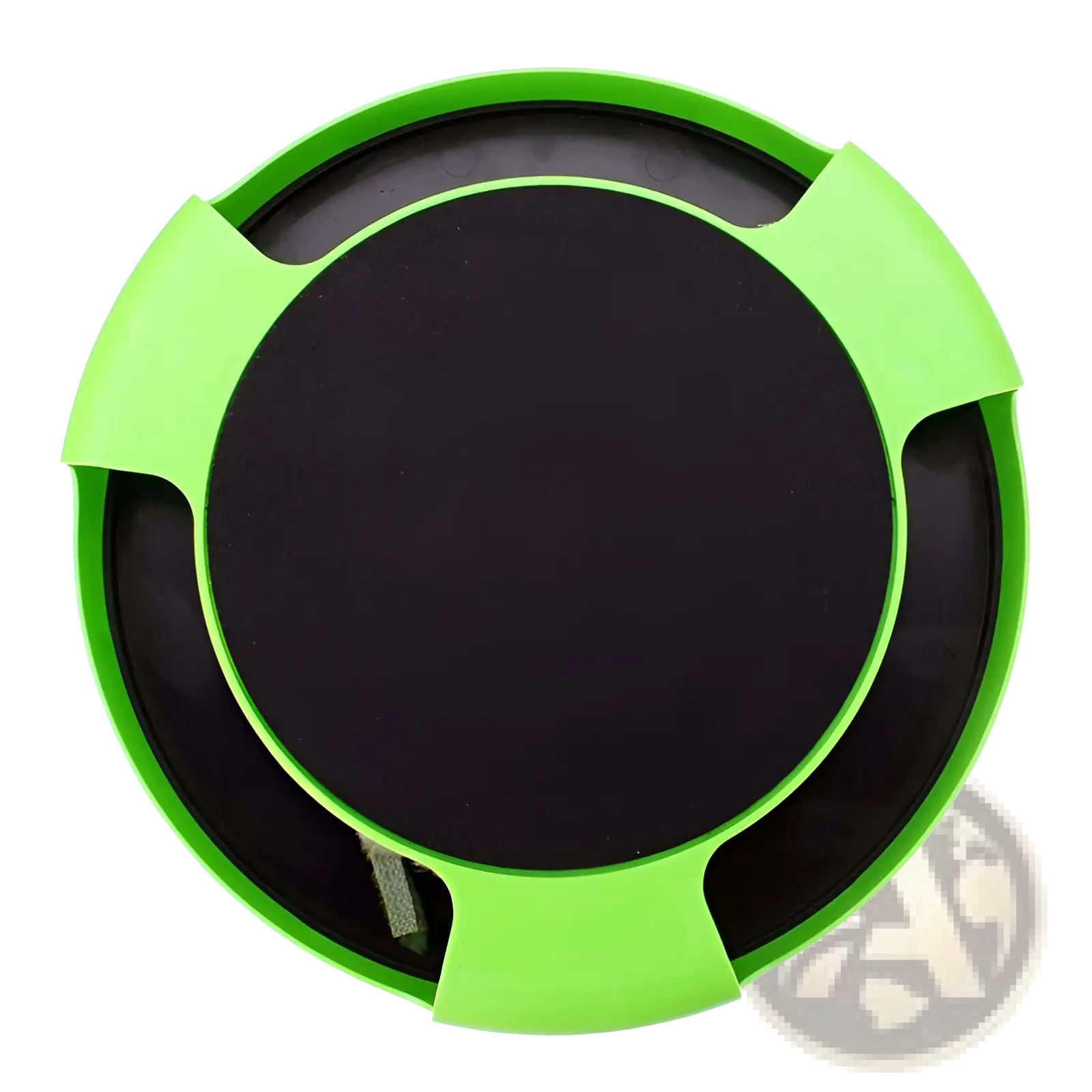 Bright green circular plastic cat catch interactive mouse hunting toy with black central pad and three cutout handles