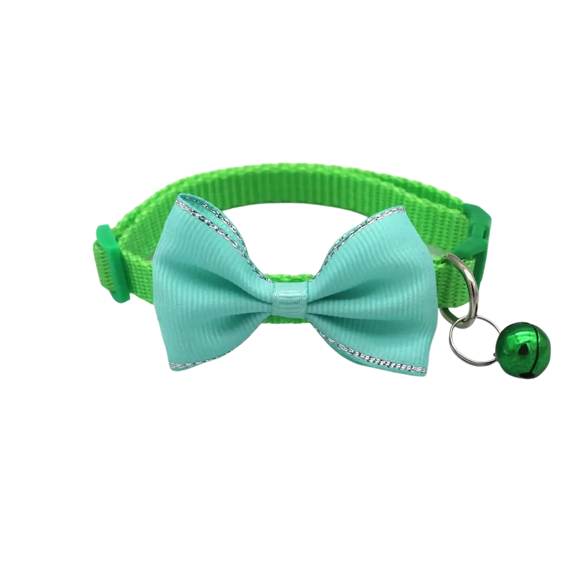 A mint green bow tie cat collar with a bright green woven strap and small metallic bell adjustable multicolor set