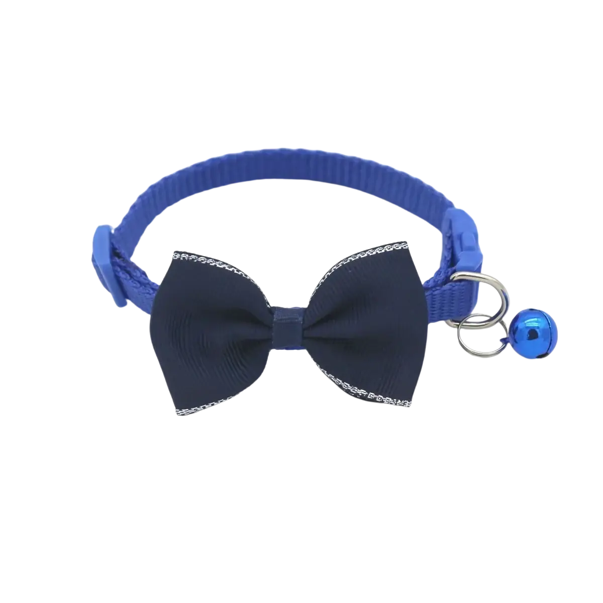 Blue cat collar bowtie set with navy bow tie silver chain trim and matching blue bell adjustable multicolor