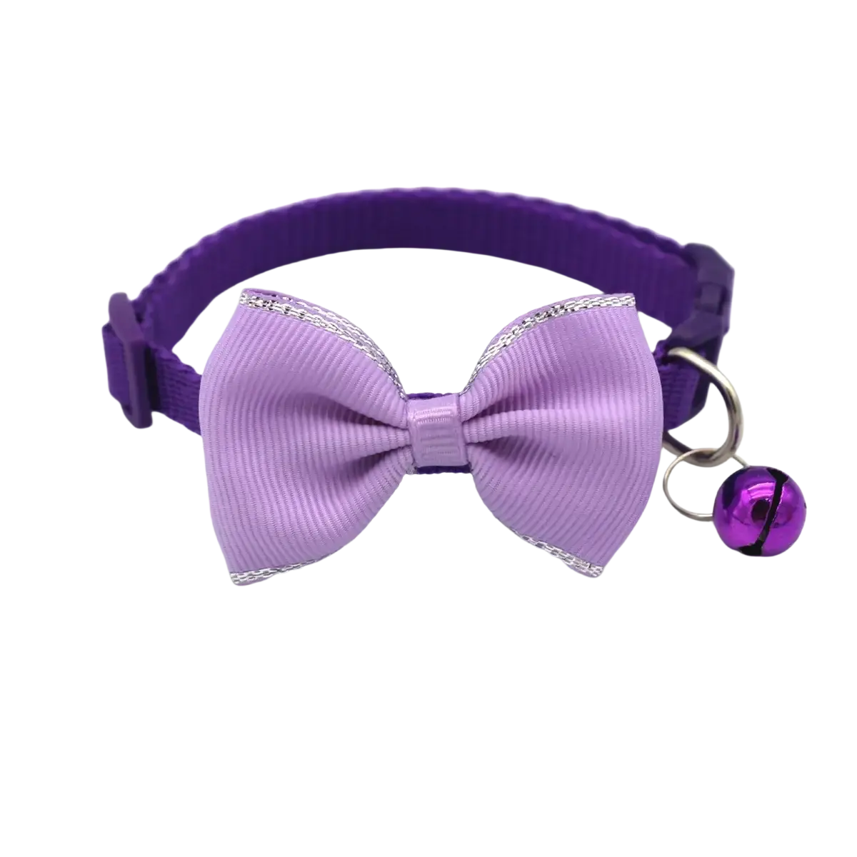 Purple ribbon bow tie cat collar with silver trim and matching adjustable bell in a multicolor bowtie set