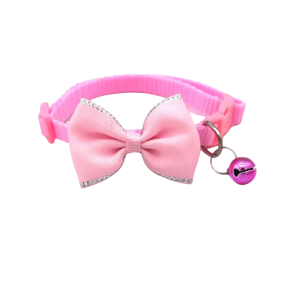 Pink ribbed cat collar bowtie set with silver glitter trim and adjustable bell for multicolor use