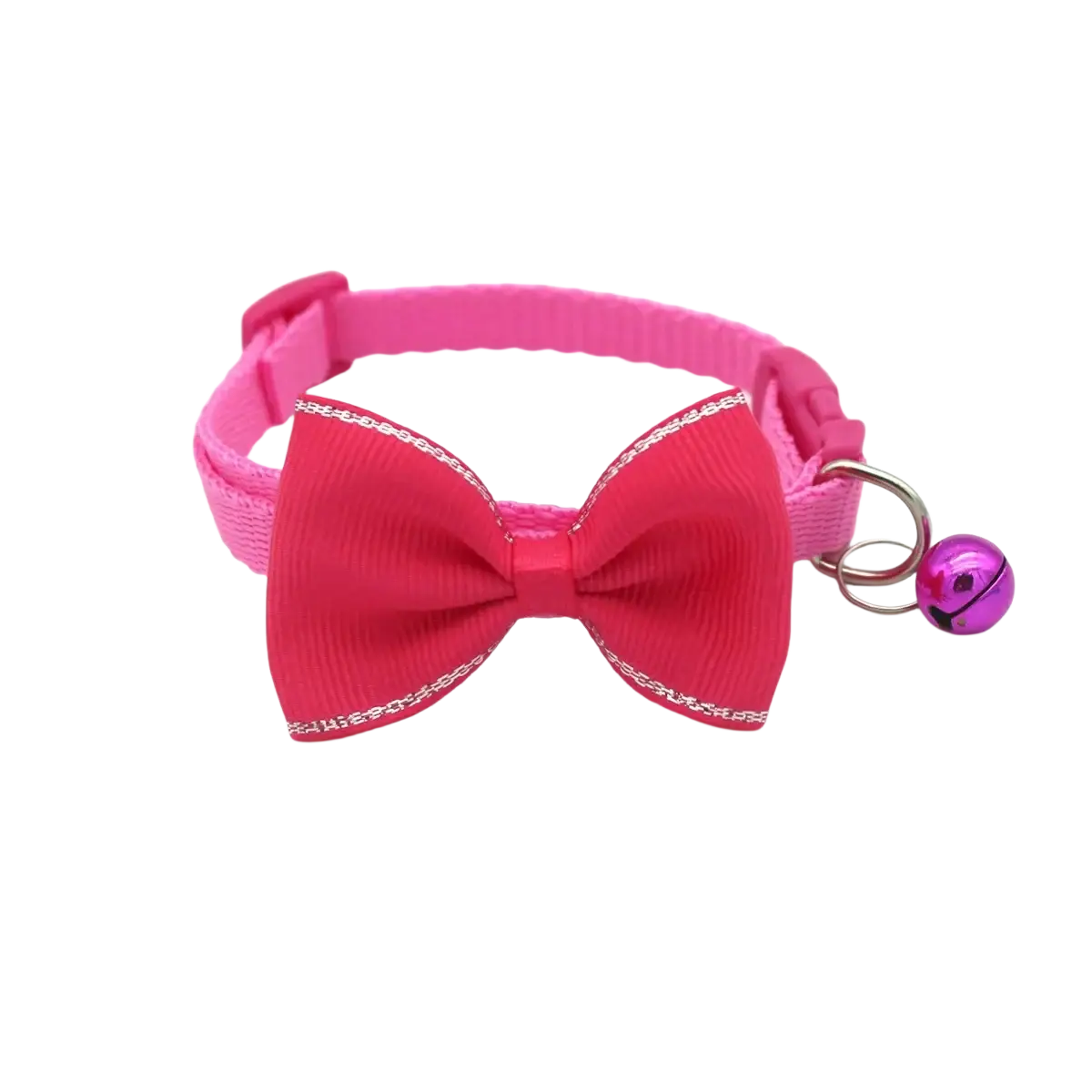 A vibrant pink cat collar bowtie set with an adjustable fit and a shiny metallic bell attached on the side