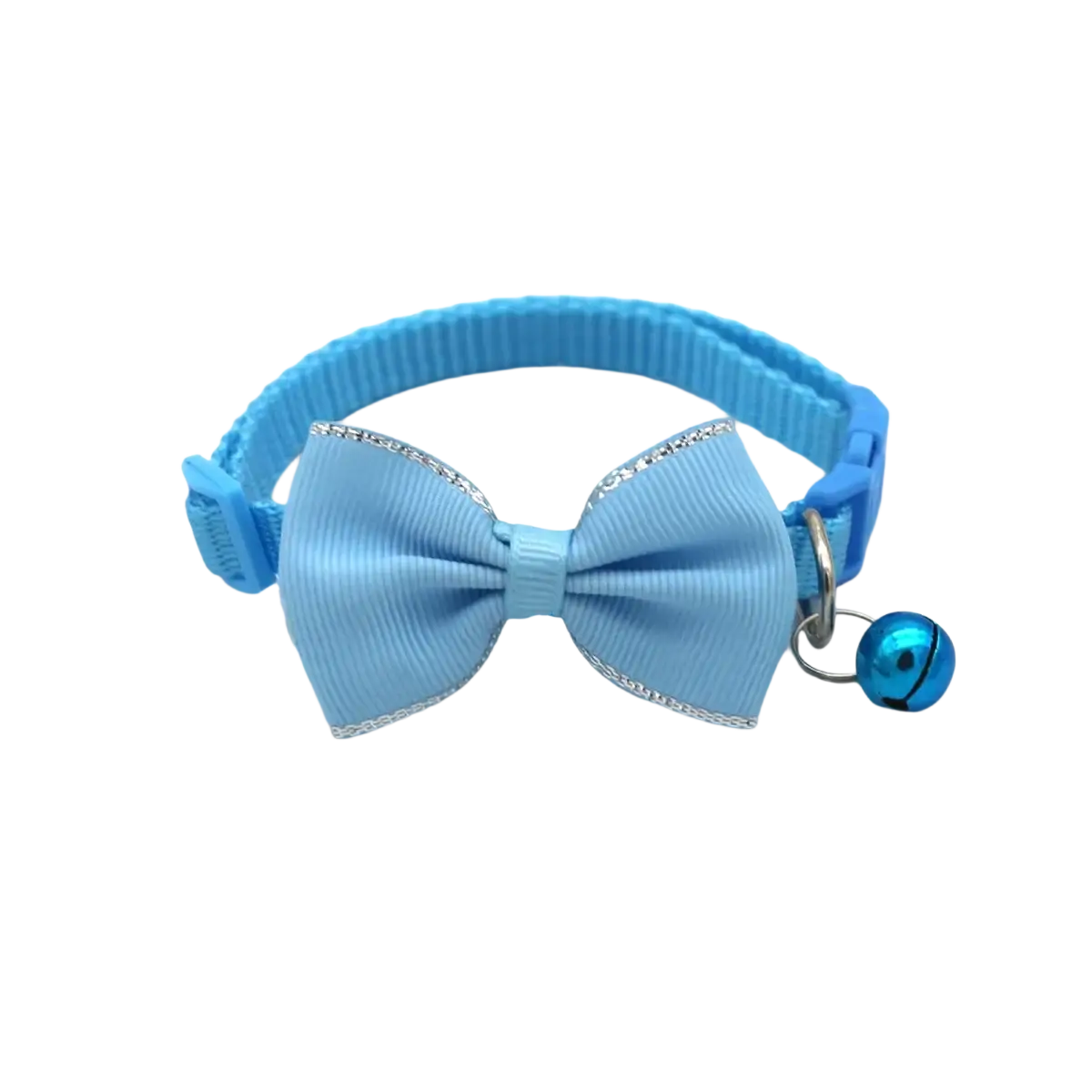 Light blue ribbed cat collar bowtie set with silver glitter trim and matching metallic bell adjustable multicolor