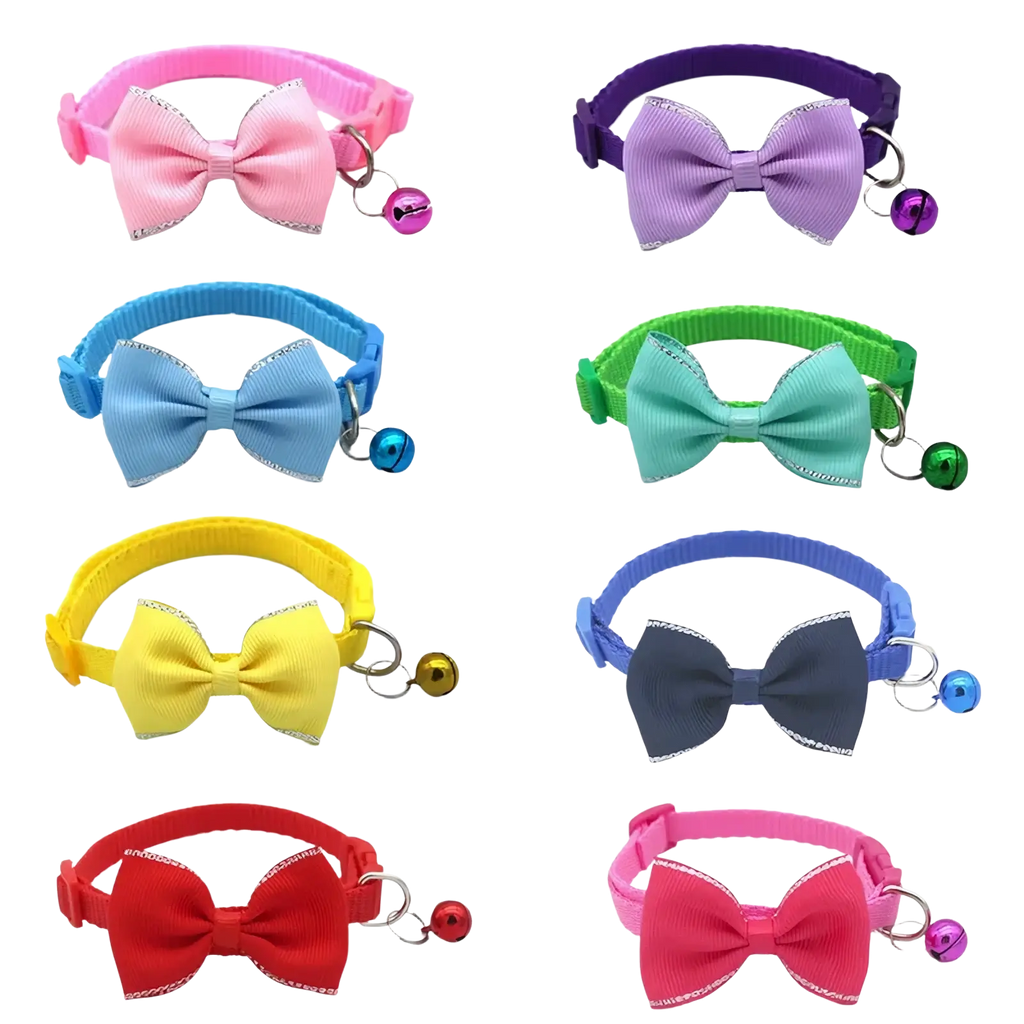 Colorful cat collar bowtie set with adjustable bells and silver trim for stylish pet accessories