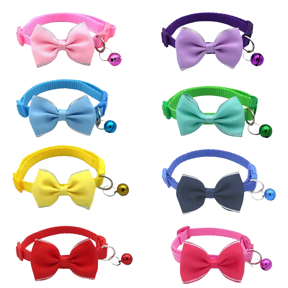Colorful cat collar bowtie set with adjustable bells and silver trim for stylish pet accessories