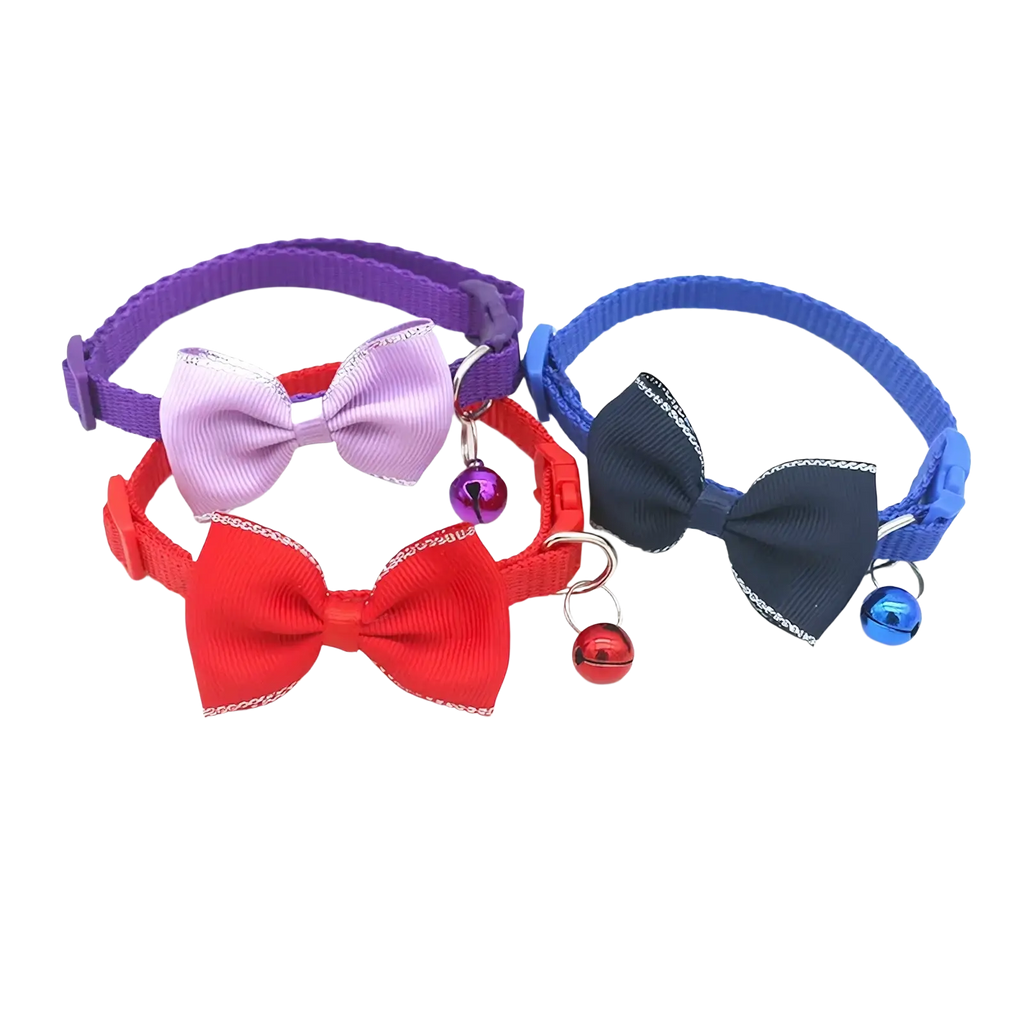 Set of four adjustable colorful cat collar bow ties with matching bells in purple red and blue for pets