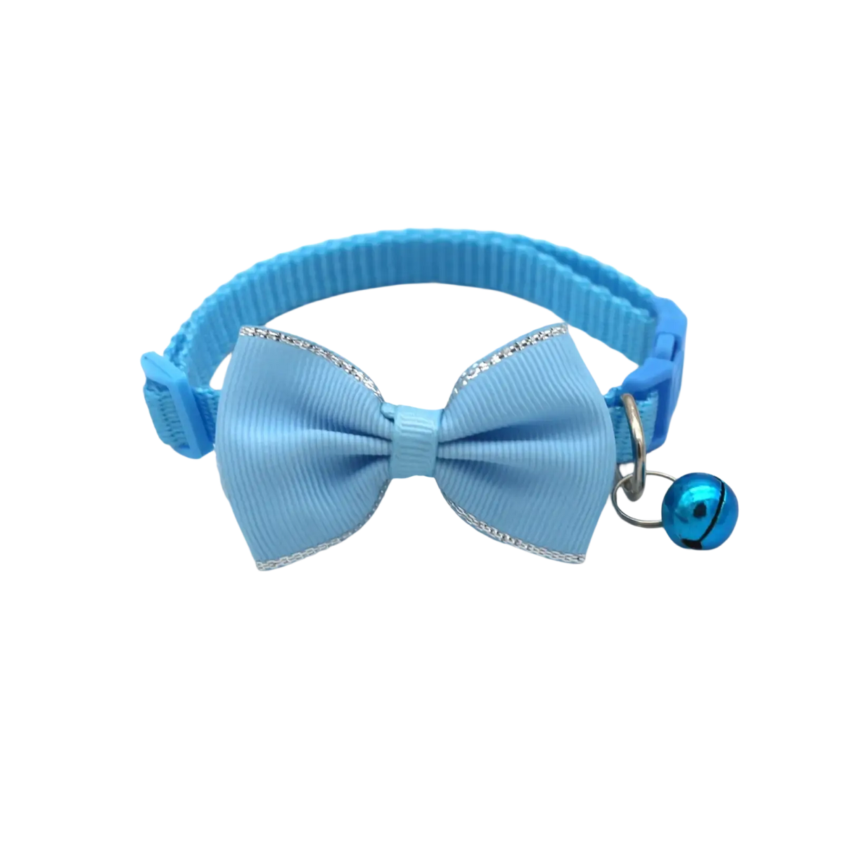 Light blue ribbed fabric cat collar bowtie set with silver glitter trim and adjustable metallic bell
