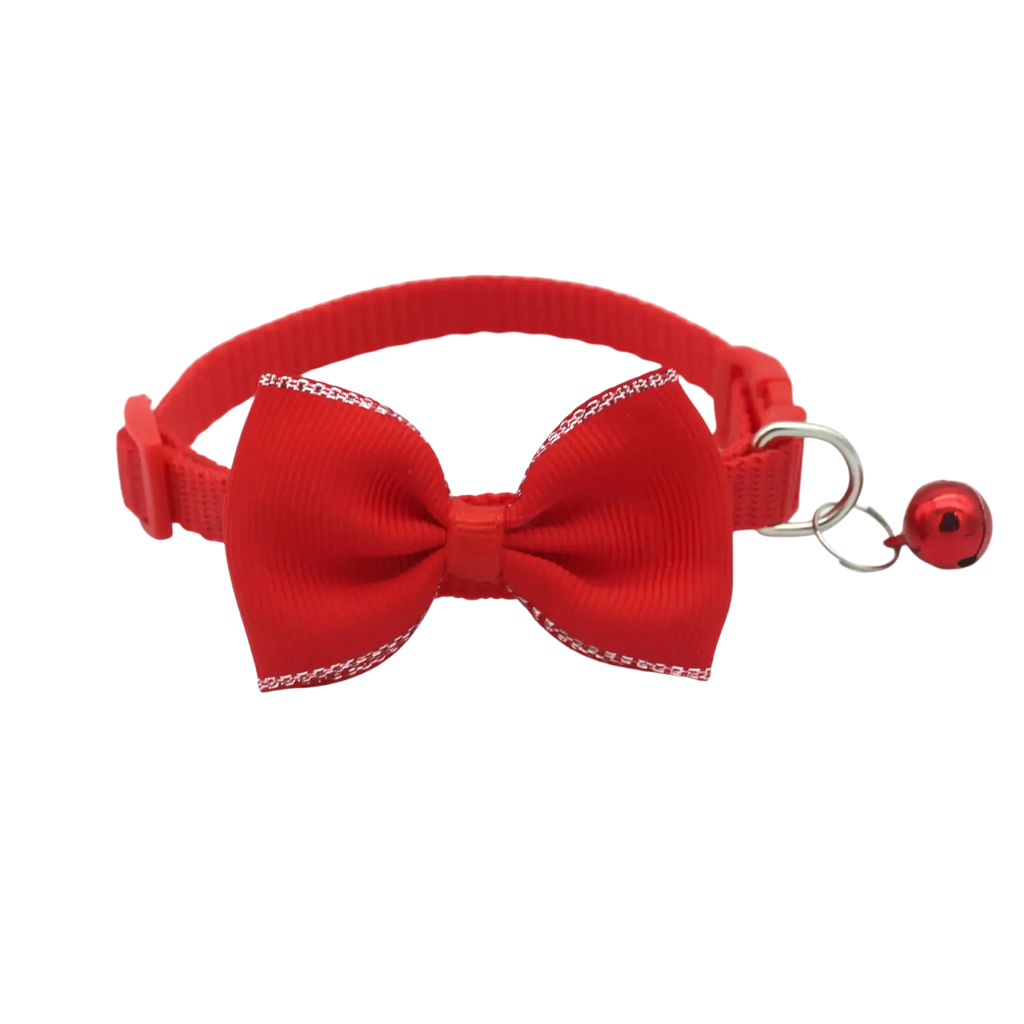 Red satin bow tie cat collar with small red bell adjustable multicolor design for pets