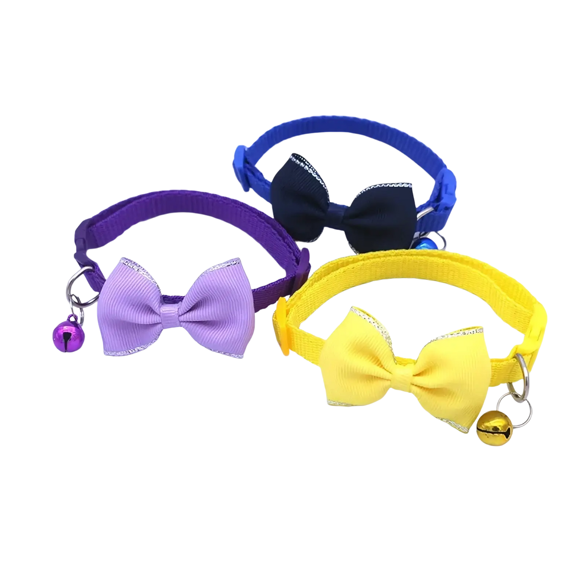 Three colorful cat collars with adjustable fabric bow ties silver trim and matching bells in a multicolor set
