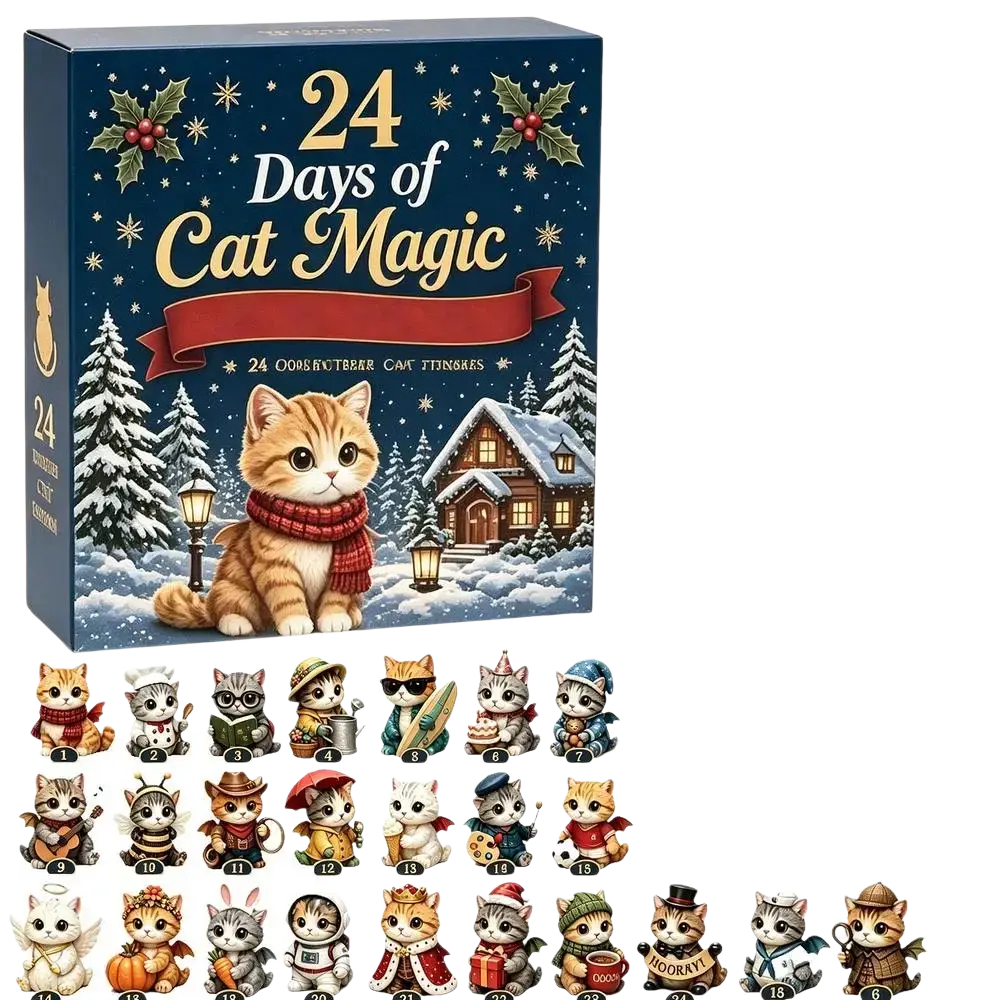 Blue 24 days of cat magic cat countdown calendar box with 24 collectible cat figurines and acrylic christmas ornaments