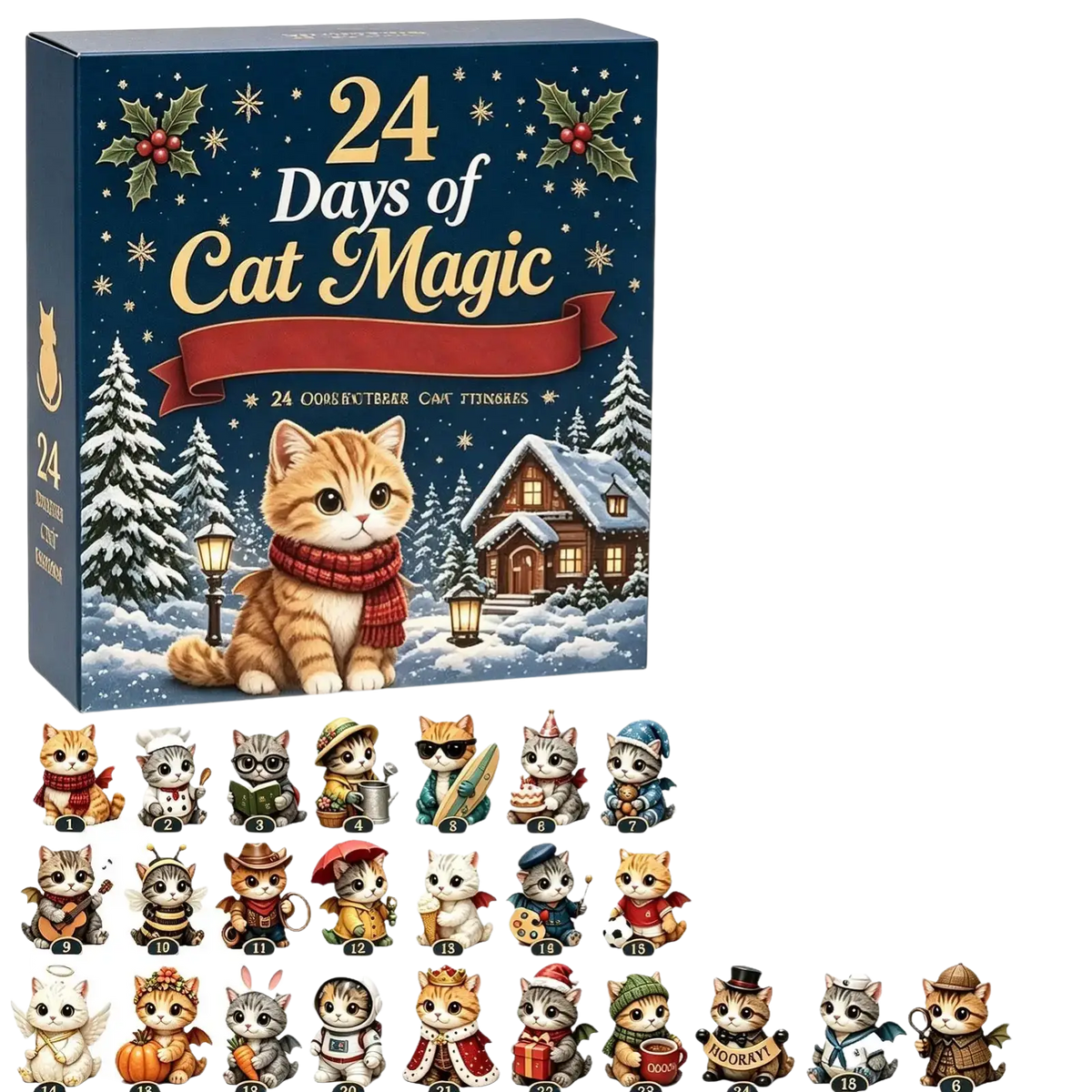 Blue 24 days of cat magic countdown calendar box with cartoon ginger cat and 24 acrylic Christmas ornaments displayed
