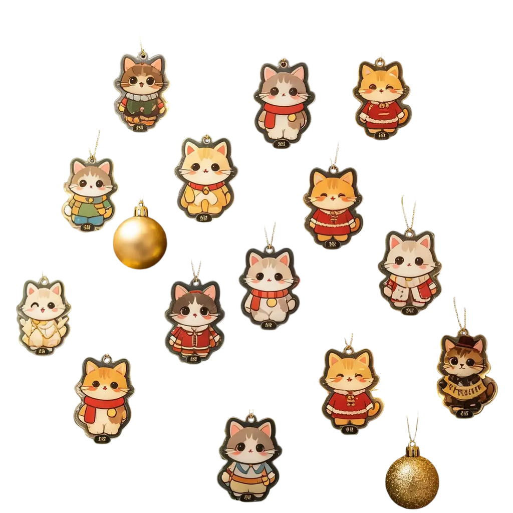 Cute acrylic cat countdown calendar ornaments in colorful outfits and red scarves hanging on a christmas tree