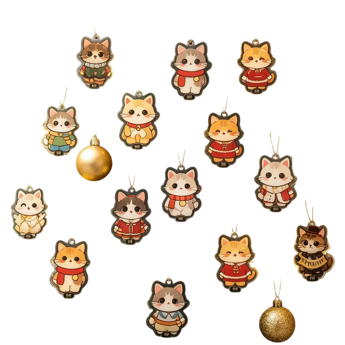 Cute acrylic cat countdown calendar ornaments in colorful outfits and red scarves hanging on a christmas tree