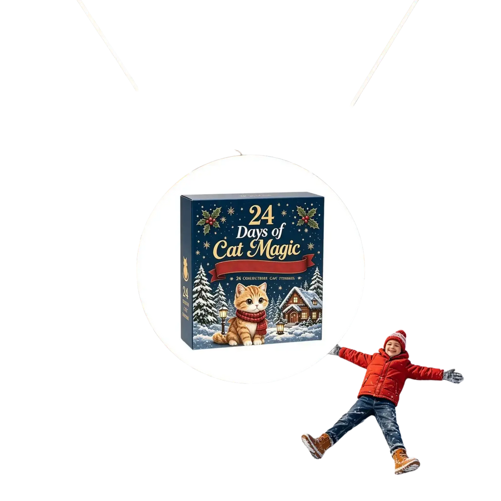 A blue acrylic cat countdown calendar box featuring a cartoon cat and snowy village with 24 collectible treats inside