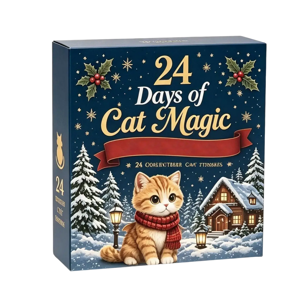 A festive navy blue acrylic cat countdown calendar box with a ginger cat in a red scarf in a snowy winter scene