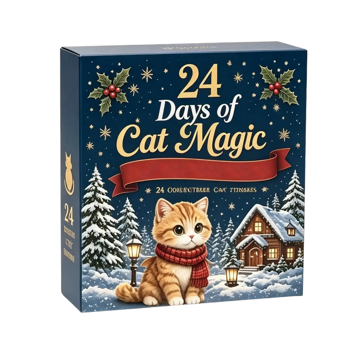 A festive navy blue acrylic cat countdown calendar box with a ginger cat in a red scarf in a snowy winter scene