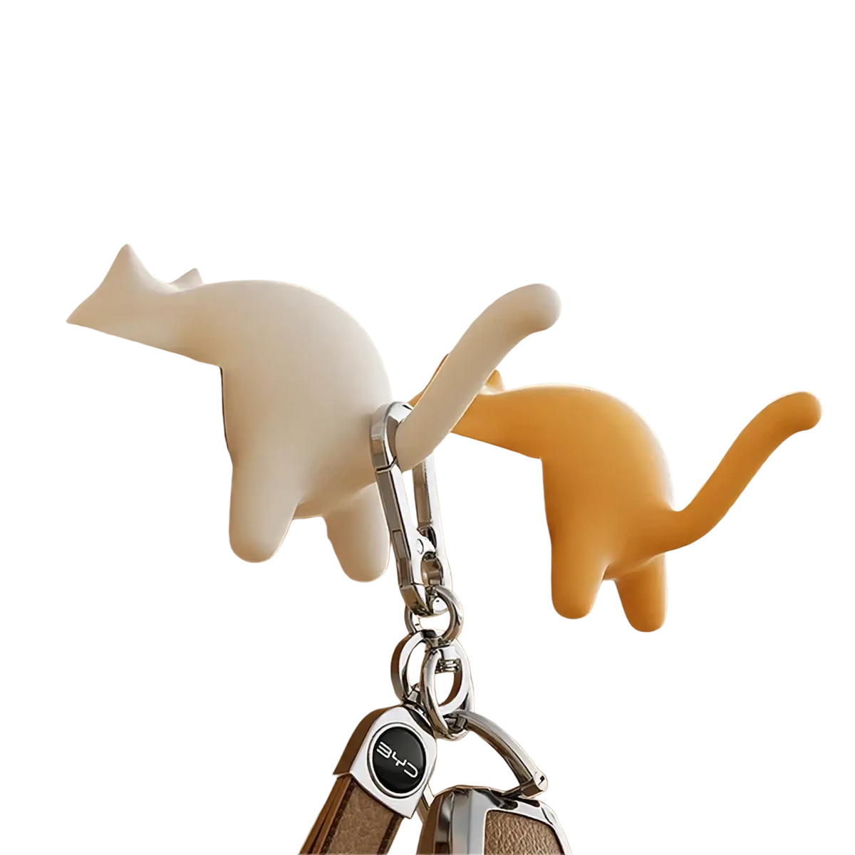 Cream and orange silicone cat-shaped desk hooks with metal clasps for organizing and hanging items