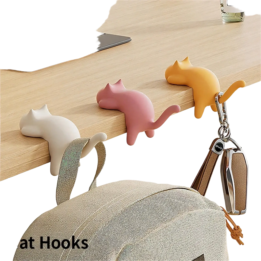 Cat desk hook silicone organizer with pastel white pink and yellow cat-shaped hooks for desk organization