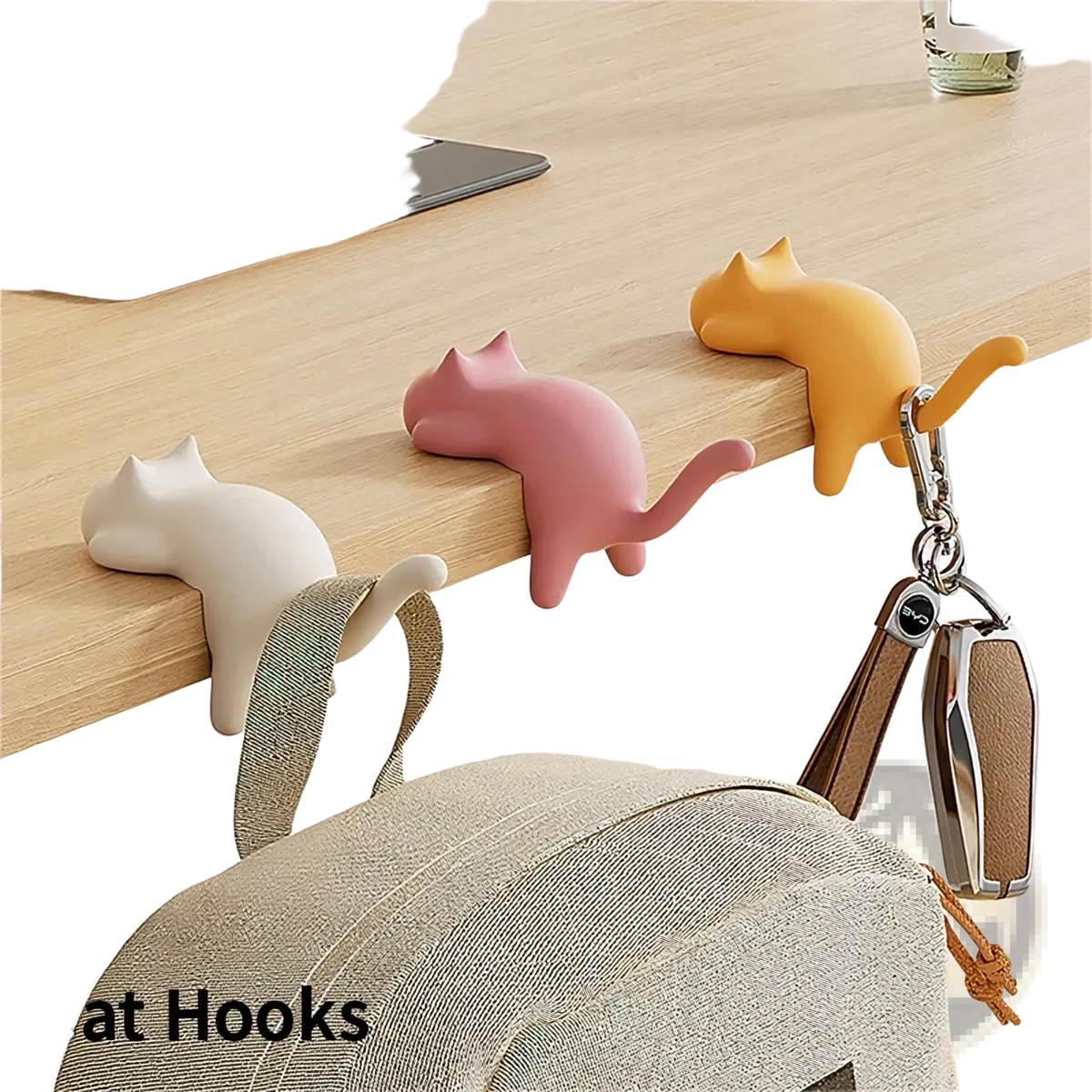 Cat desk hook silicone organizer with pastel white pink and yellow cat-shaped hooks for desk organization