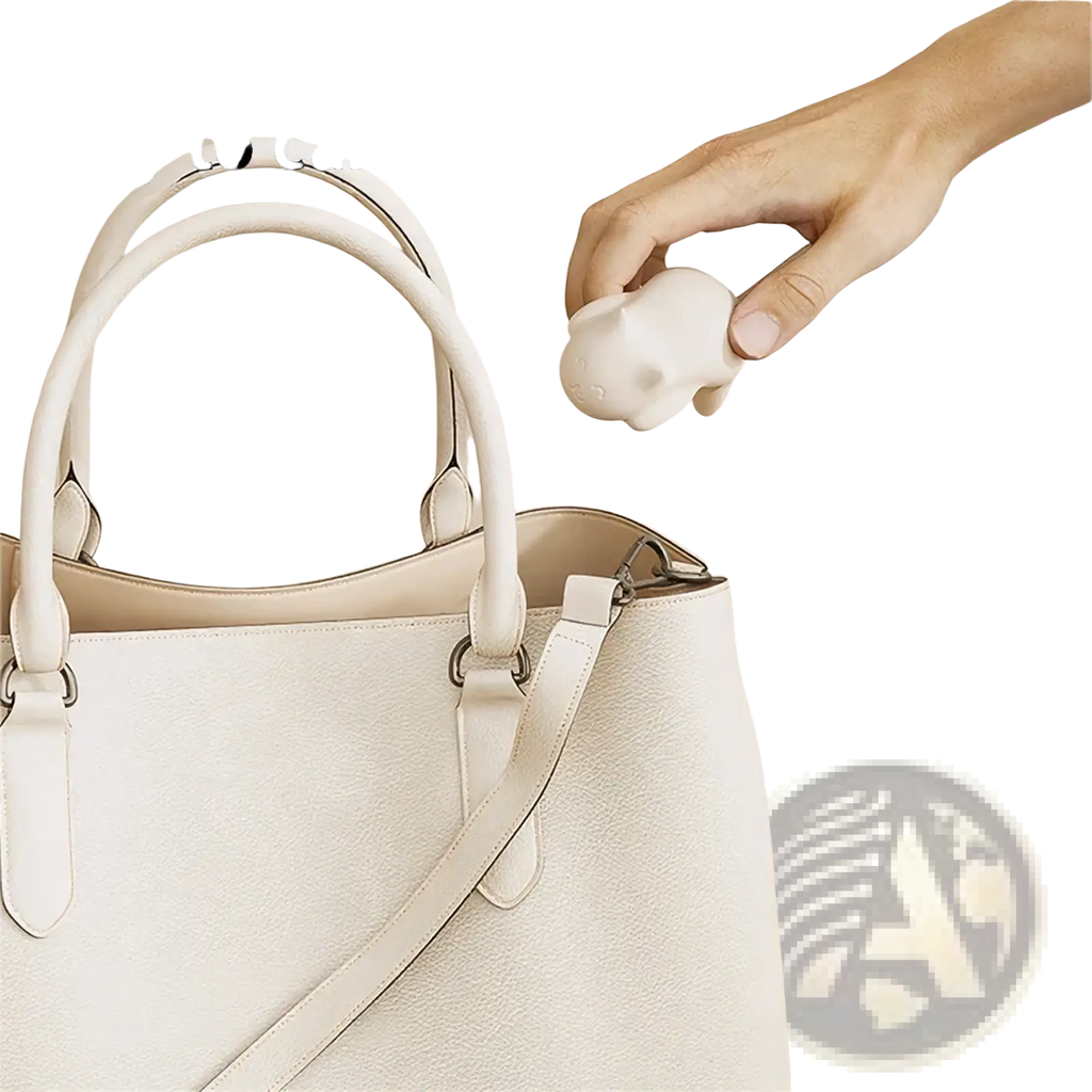 A white compact silicone elephant-shaped cat desk hook portable organizer held above a beige handbag