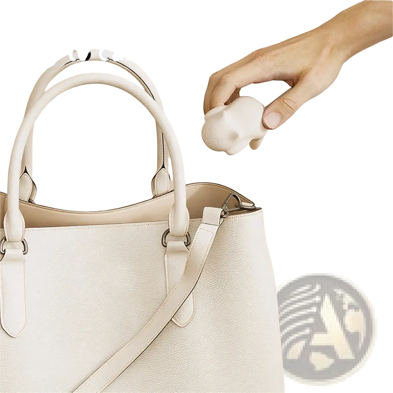 A white compact silicone elephant-shaped cat desk hook portable organizer held above a beige handbag