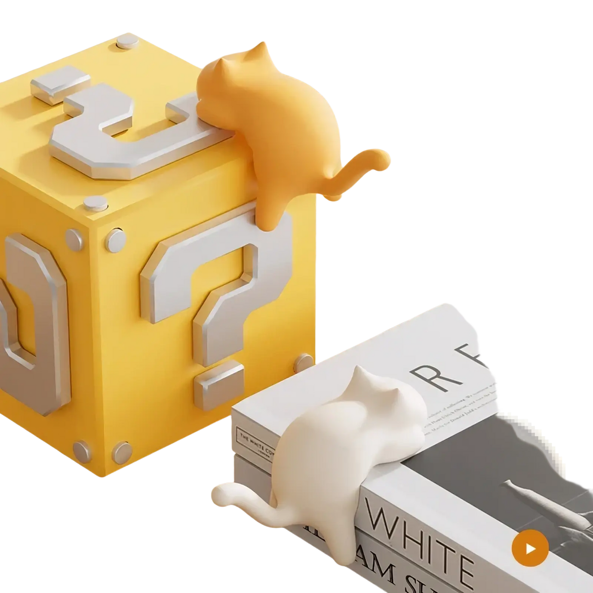 Yellow silicone cat desk hook organizer shaped as a cube with silver question mark decals and orange cat figurine on top