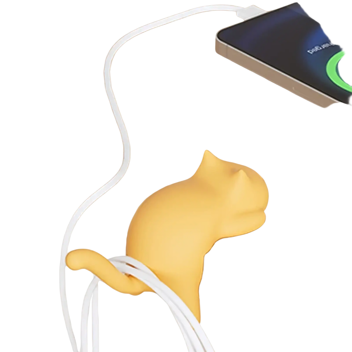 Yellow silicone cat desk hook organizer holding white charging cables for cable management on a desk