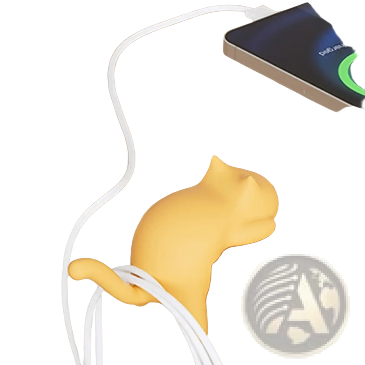 Yellow silicone cat desk hook organizer holding white charging cables for cable management on a desk