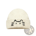 Cream-colored ribbed knit beanie hat with a black embroidered cat face on the folded brim