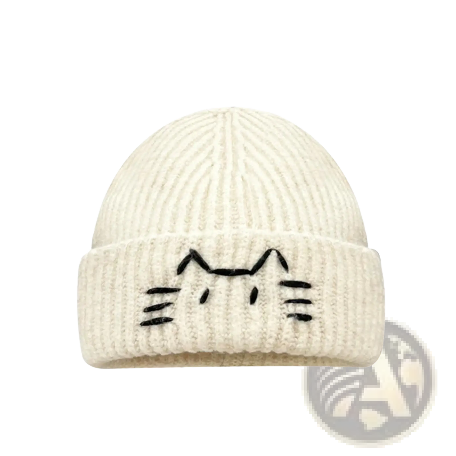 Cream-colored ribbed knit beanie hat with a black embroidered cat face on the folded brim
