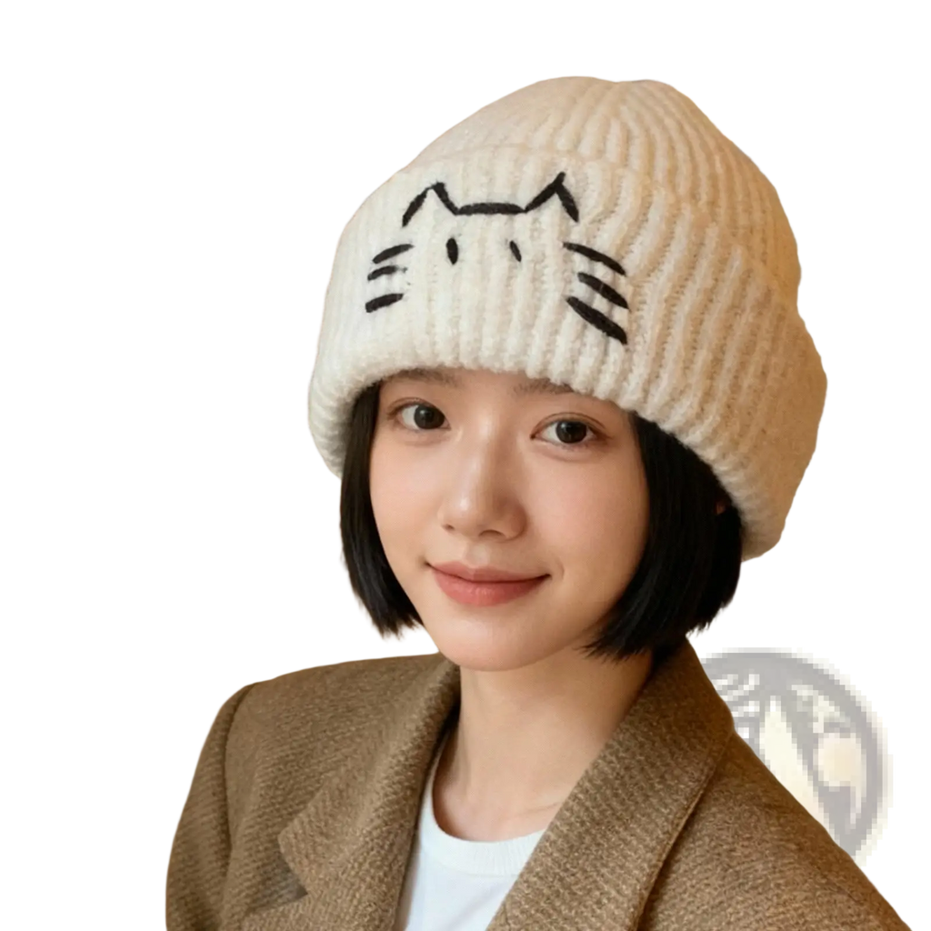 Cream-colored ribbed knit beanie hat featuring a black embroidered cat face design for casual wear