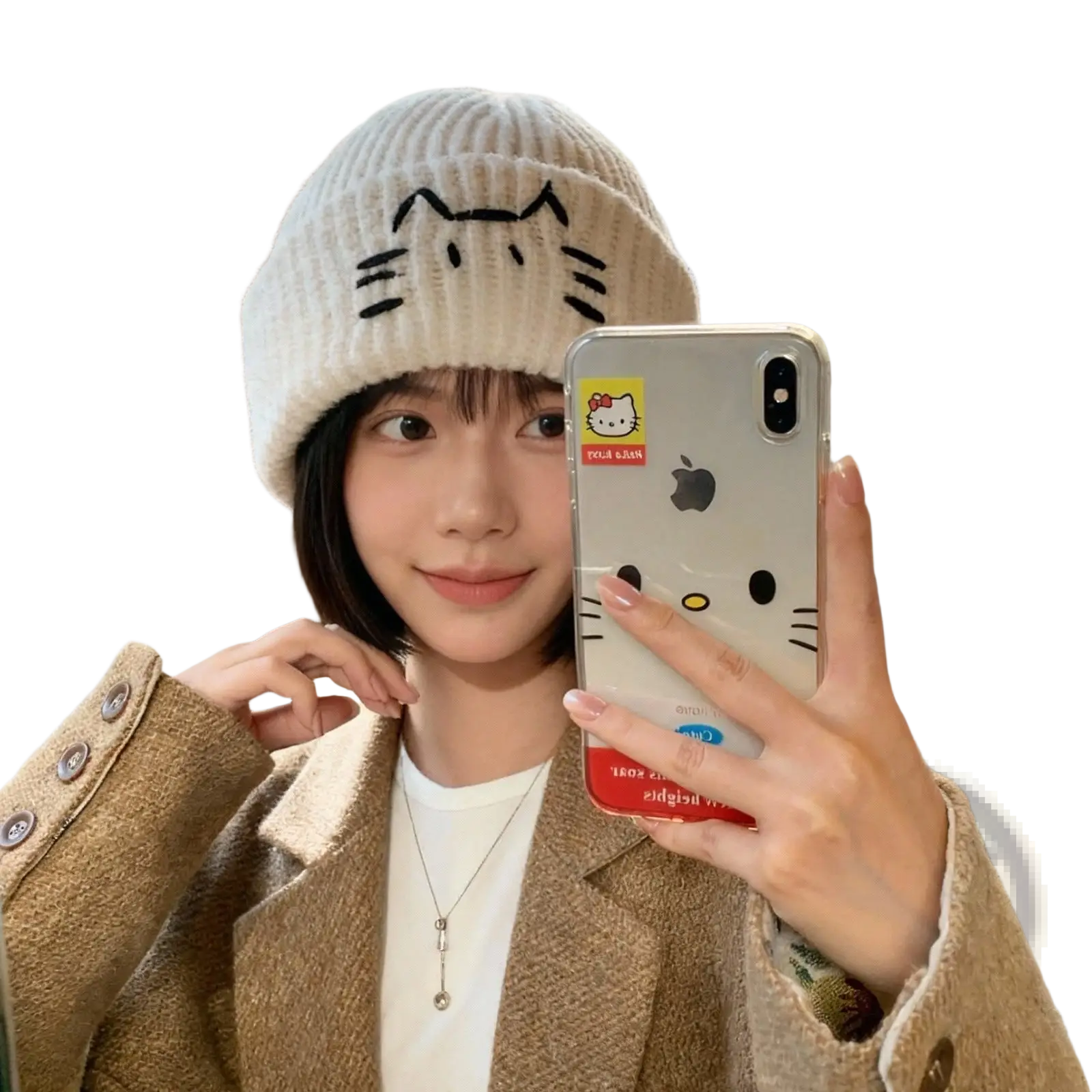 Cream-colored knitted beanie hat with a black embroidered cat face design perfect for casual wear