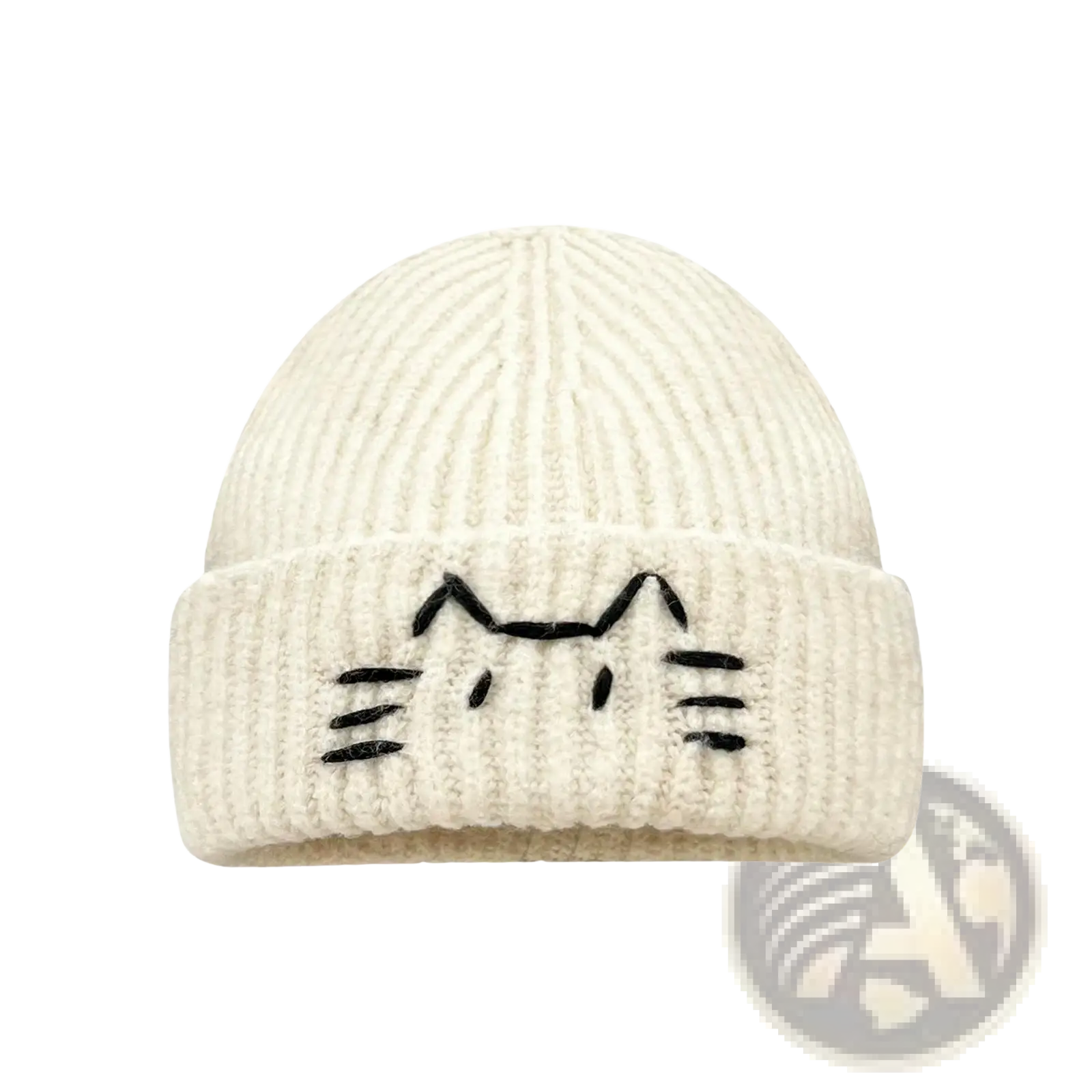 Cream-colored ribbed knit beanie hat with black embroidered cat face on the folded brim for casual wear