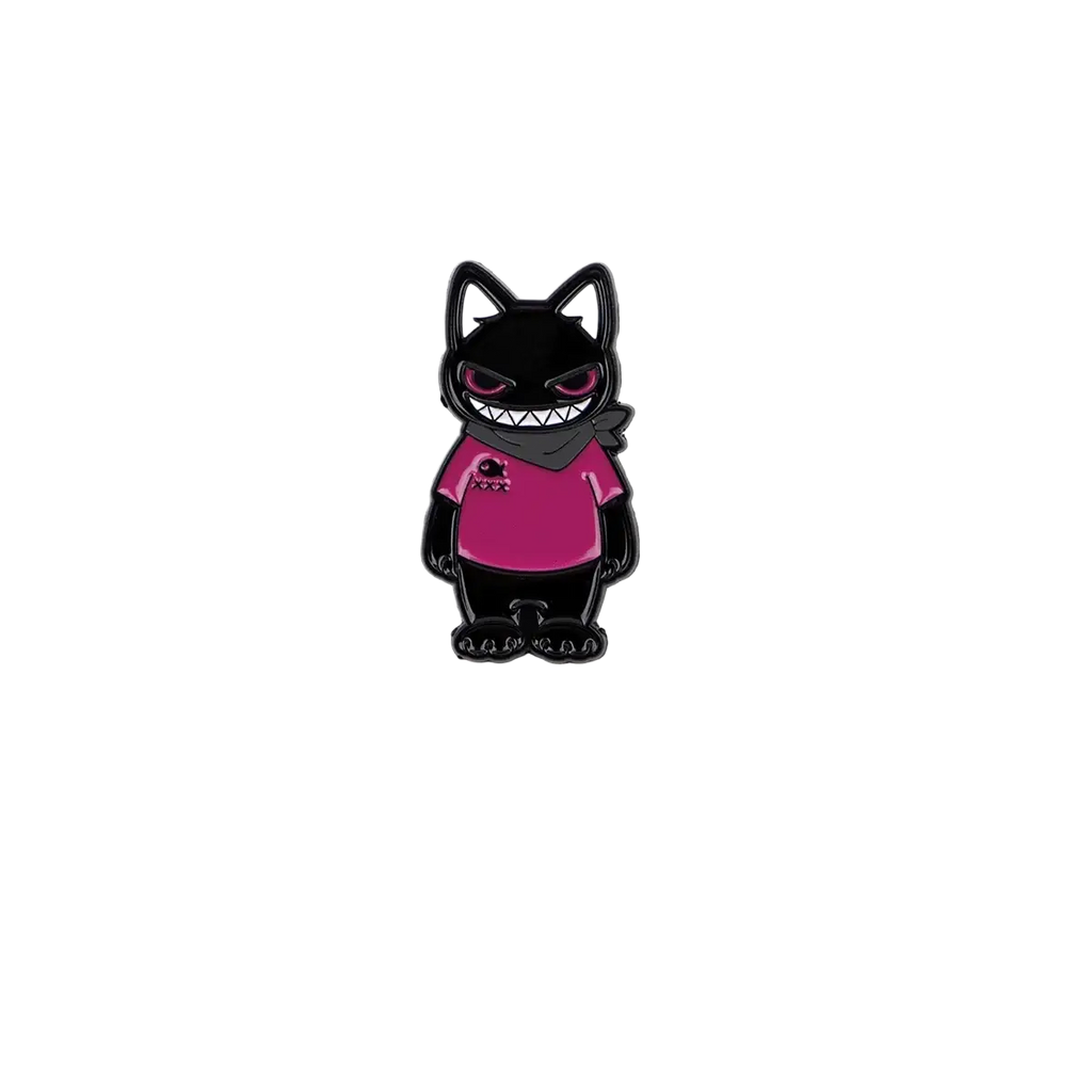 Black cat enamel lapel pin set featuring a black cat with red eyes wearing a pink shirt made of enamel material