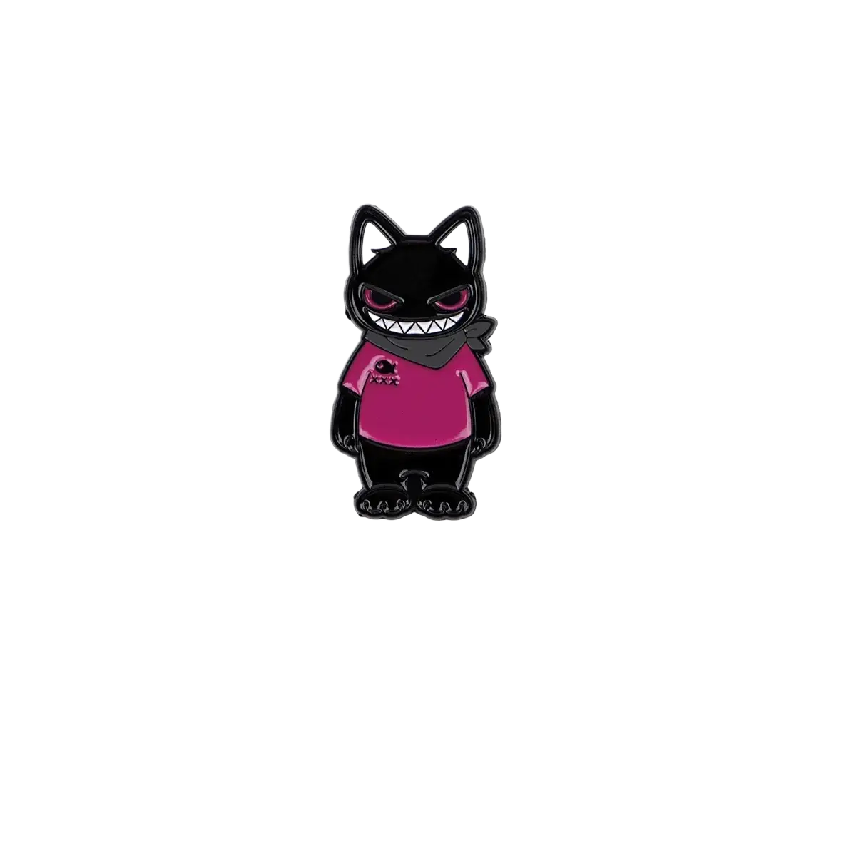 Black cat enamel lapel pin set featuring a black cat with red eyes wearing a pink shirt made of enamel material