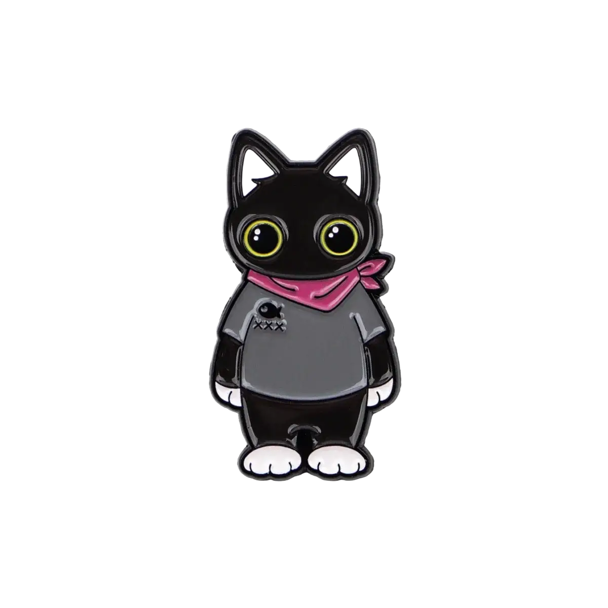 A black enamel cat lapel pin featuring a cartoon cat with yellow eyes wearing a gray shirt and pink bandana