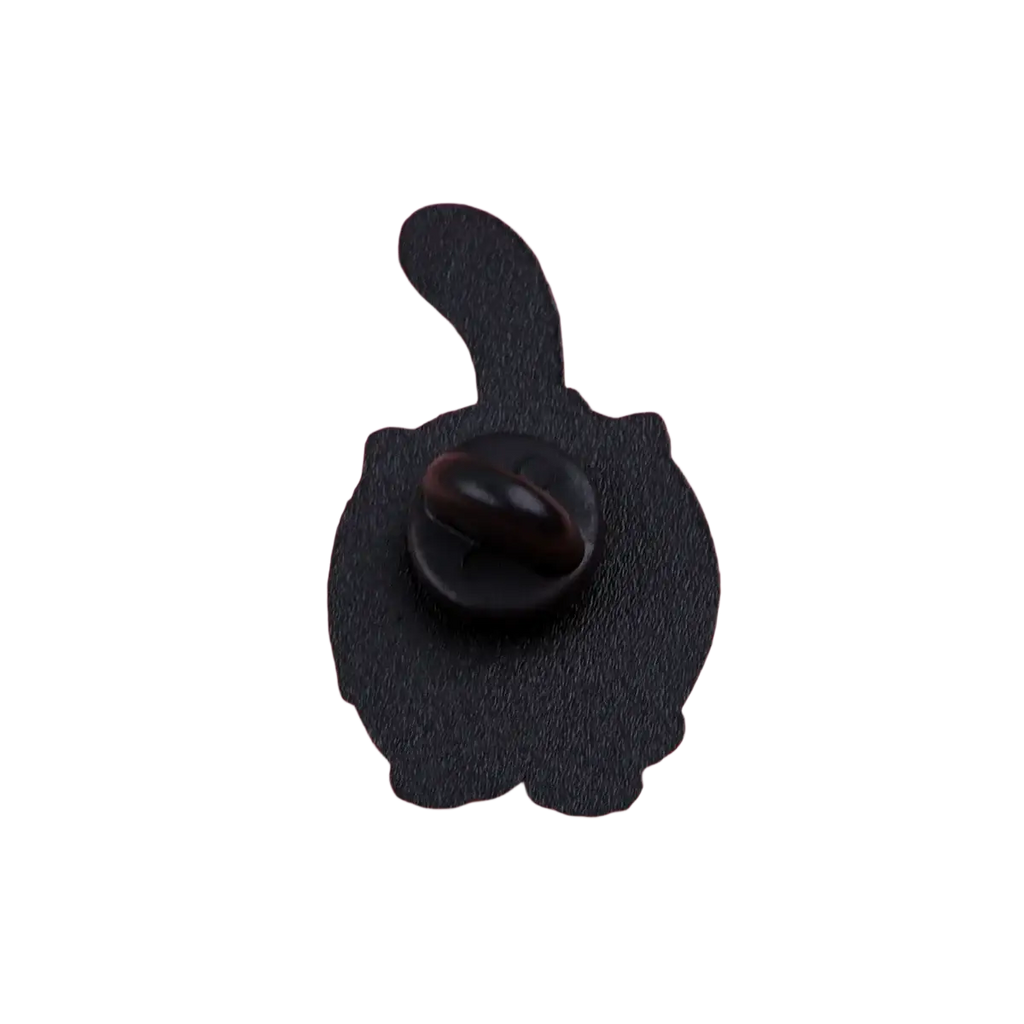 Black cat-shaped enamel lapel pin with a glossy black metal clasp shown from the back in cat enamel lapel pin set