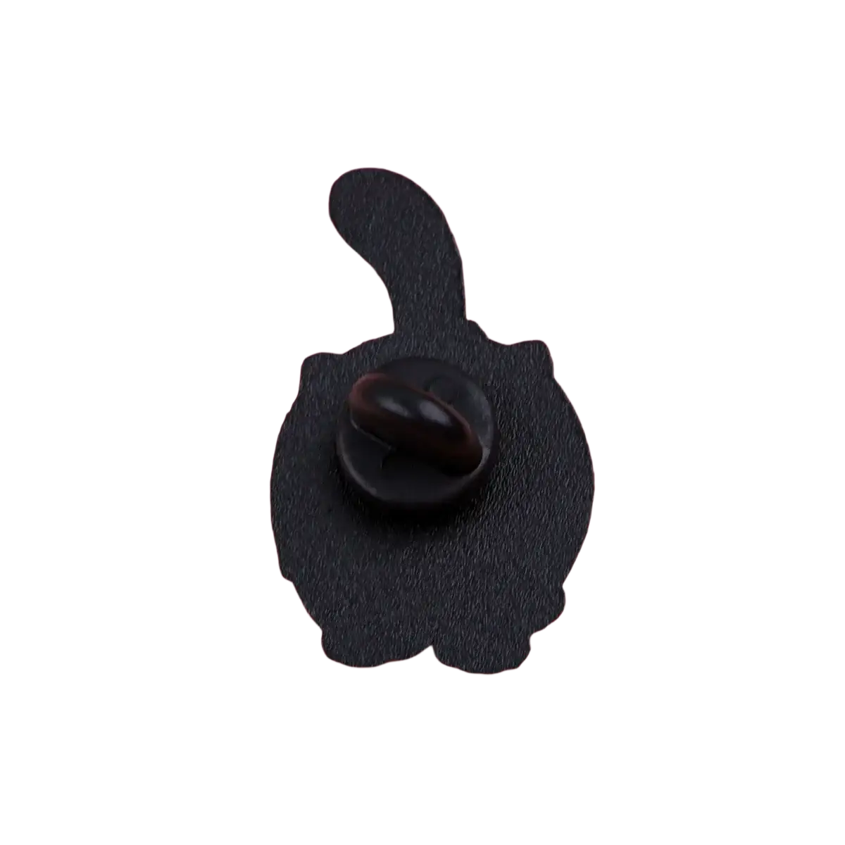 Black cat-shaped enamel lapel pin with a glossy black metal clasp shown from the back in cat enamel lapel pin set