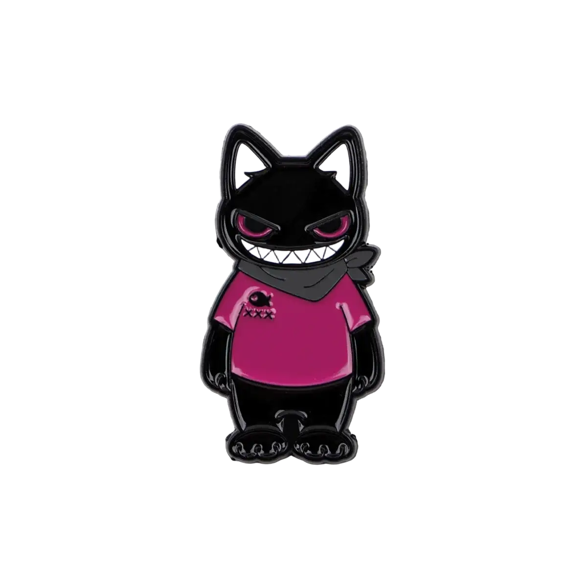 Black cat-shaped enamel lapel pin with pink eyes, magenta shirt, and gray scarf in cat enamel lapel pin set