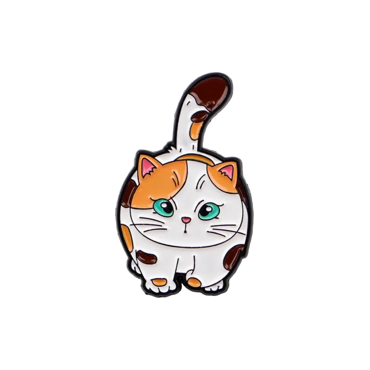 Cute calico cat enamel lapel pin with green eyes and glossy brown tipped tail from cat enamel lapel pin set