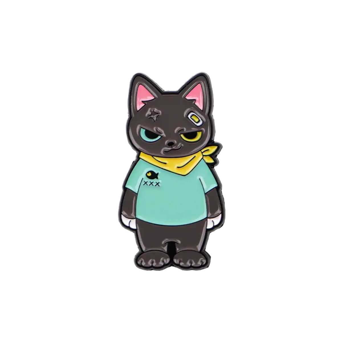 A dark gray cat enamel lapel pin with pink ears yellow eyes and a teal shirt featuring a fish logo