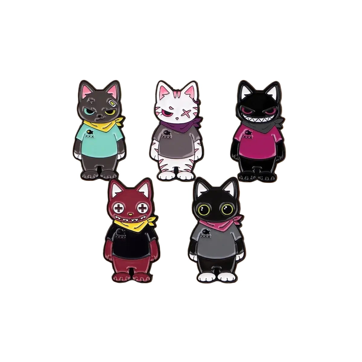 Five colorful enamel cat lapel pins with unique designs and outfits in a cat enamel lapel pin set