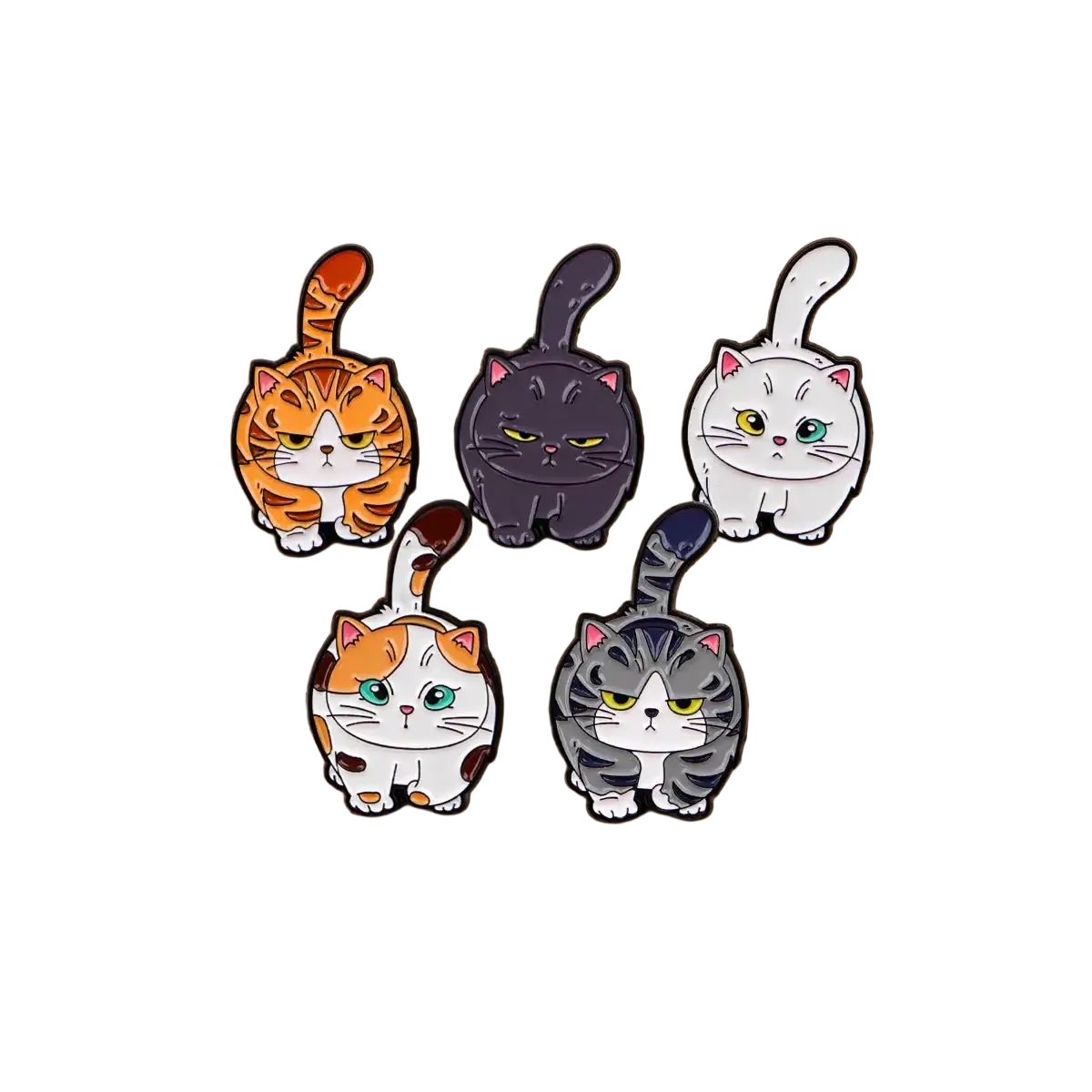 Five colorful enamel cat lapel pins featuring unique fur patterns and expressive eyes in a collectible set