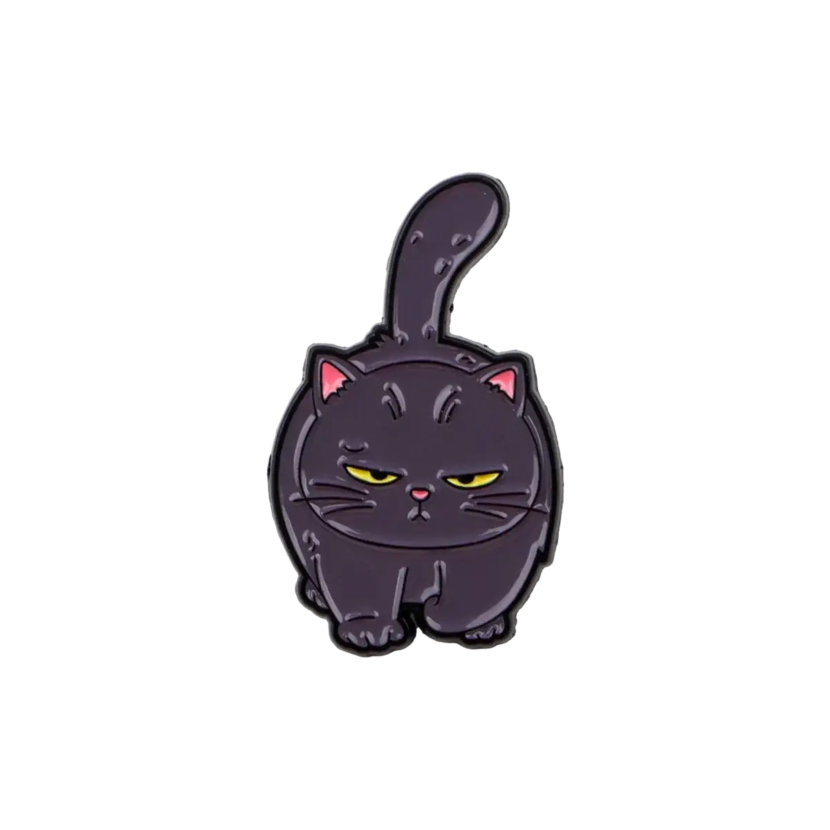 A glossy black enamel lapel pin featuring a chubby cartoon cat with pink ears and yellow eyes from cat enamel pin set