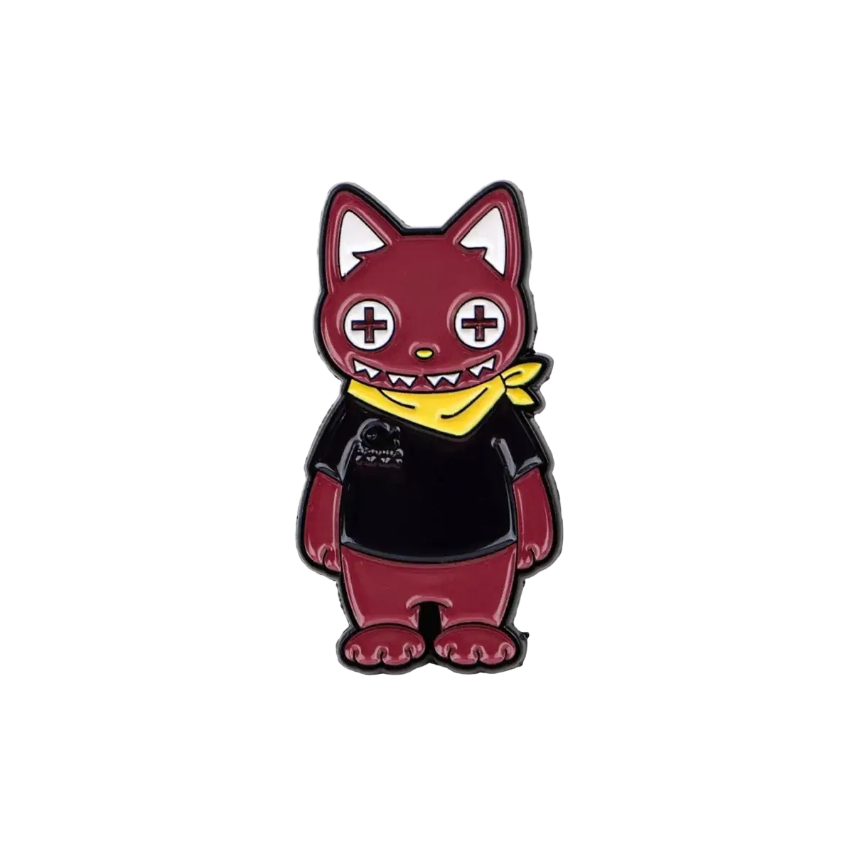 A maroon enamel lapel pin featuring a cartoon cat with white plus sign eyes and a yellow bandana