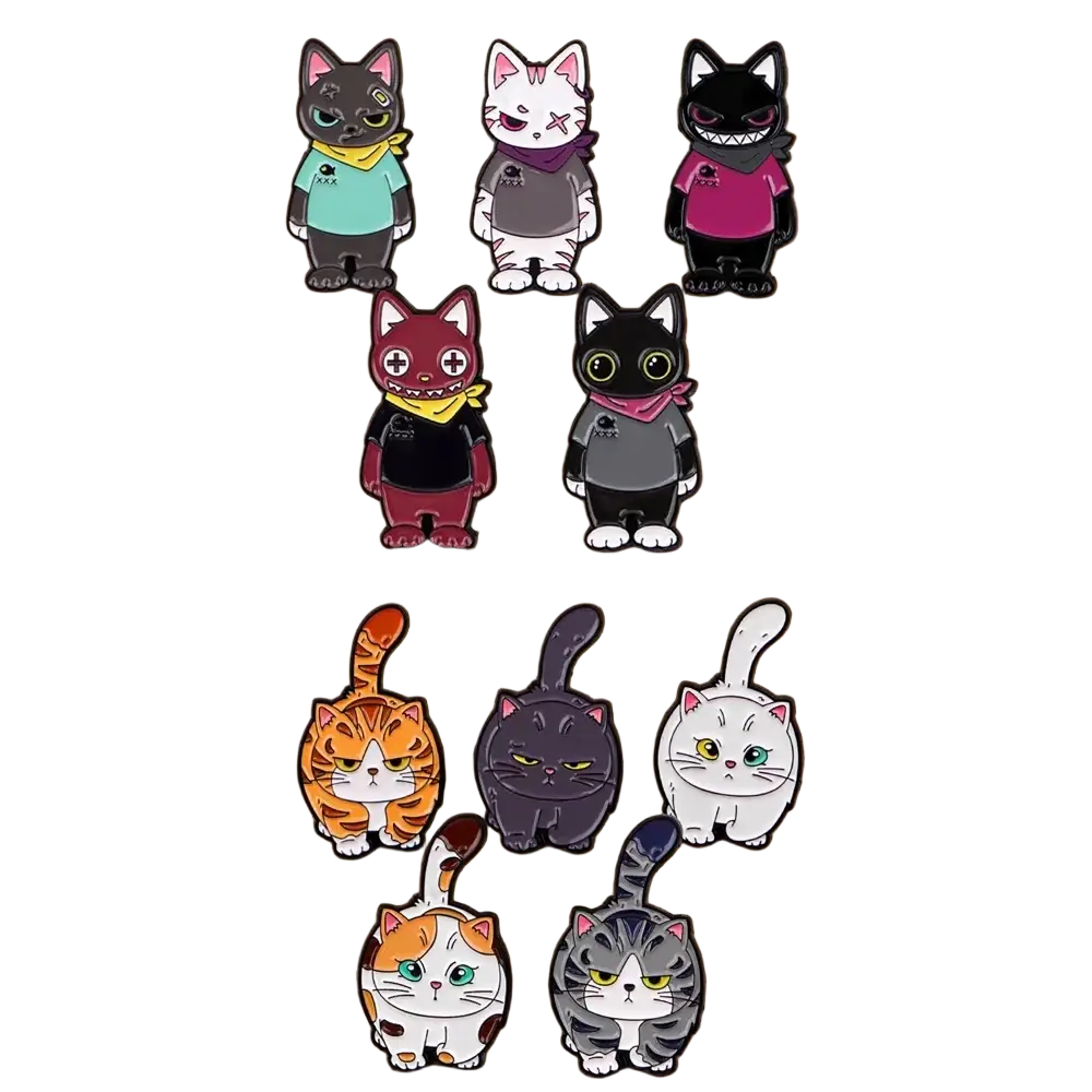 Set of nine colorful enamel cat lapel pins with varied designs glossy finishes in black white gray orange and maroon