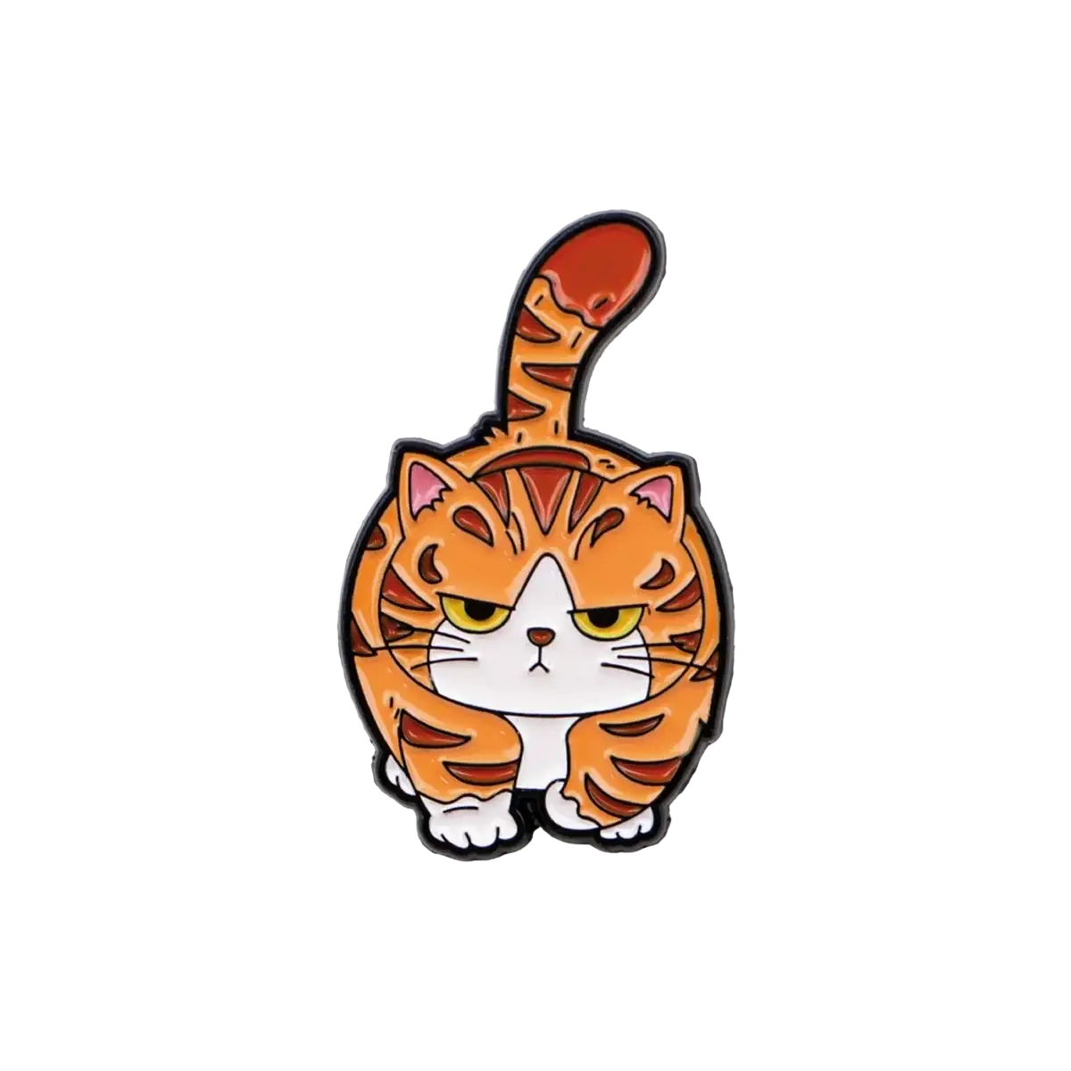 Orange tabby cat enamel lapel pin with grumpy expression white paws black outline detailing in cat enamel lapel pin set