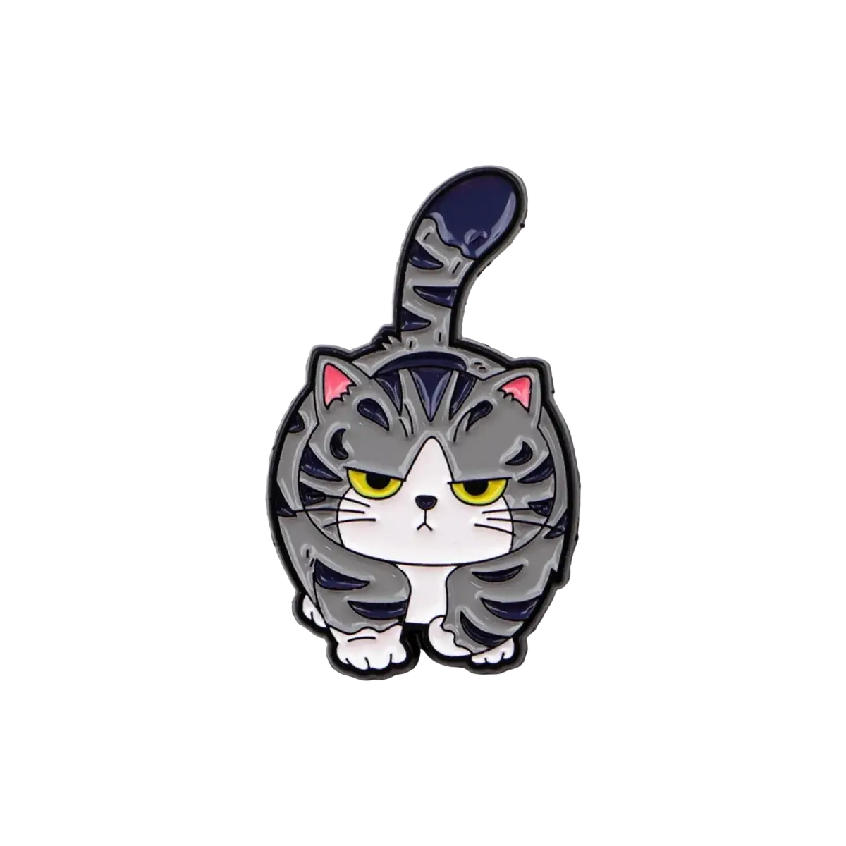 A round cartoon-style gray tabby cat enamel lapel pin with yellow eyes and pink inner ears in a pin set