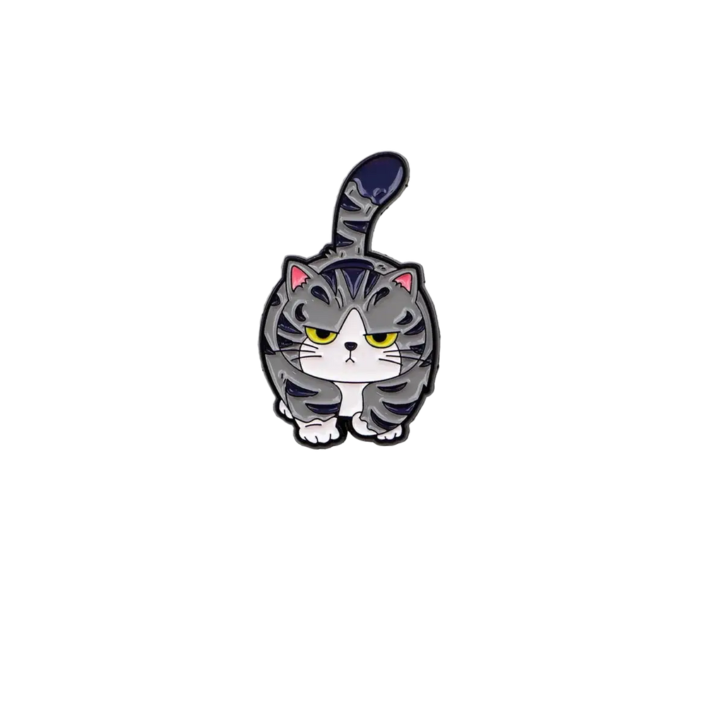 A gray tabby cat enamel lapel pin with yellow eyes and pink inner ears from the cat enamel lapel pin set