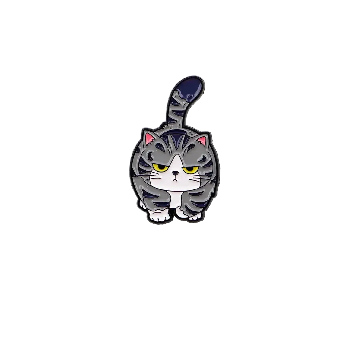 A gray tabby cat enamel lapel pin with yellow eyes and pink inner ears from the cat enamel lapel pin set